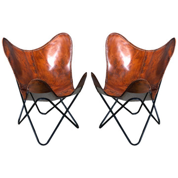 Pair Genuine Leather Butterfly Chair Folding Modern Sling Accent Seat